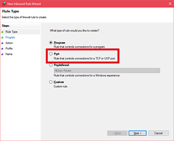 Windows Firewall Inbound Rule Wizard