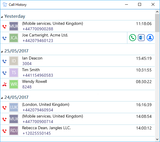 Call History window Call History window